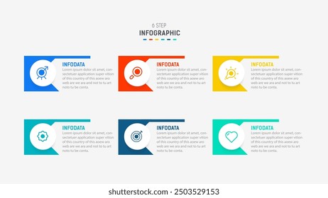 Business-Infografik-Design für Six Step, Option, Teile oder Prozess. Infografik 6 Element Design-Vorlage für die Präsentation.  Prozessdiagramm, Schrittbanner, Flussdiagramm, 6 Optionsvorlage.