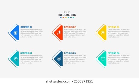 Business-Infografik-Design für Six Step, Option, Teile oder Prozess. Infografik 6 Element Design-Vorlage für die Präsentation.  Prozessdiagramm, Schrittbanner, Flussdiagramm, 6 Optionsvorlage.