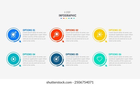 Business-Infografik-Design für Six Step, Option, Teile oder Prozess. Infografik 6 Element Design-Vorlage für die Präsentation.  Prozessdiagramm, Schrittbanner, Flussdiagramm, 6 Optionsvorlage.