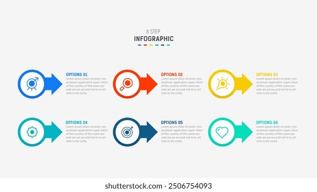 Business  infographics design for Six Step, option, parts or process. Infographic 6 element design template for presentation.  process diagram, step banner, flow chart, 6 option template.