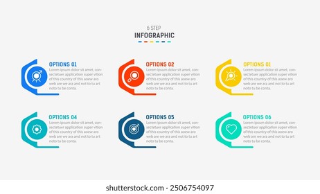 Business  infographics design for Six Step, option, parts or process. Infographic 6 element design template for presentation.  process diagram, step banner, flow chart, 6 option template.