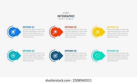 Business  infographics design for Six Step, option, parts or process. Infographic 6 element design template for presentation.  process diagram, step banner, flow chart, 6 option template.