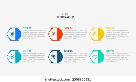 Design de infográficos de negócios para Six Step, opção, peças ou processo. Infográfico 6 modelo de design de elemento para apresentação. diagrama de processo, faixa de etapa, fluxograma, modelo de opção 6.