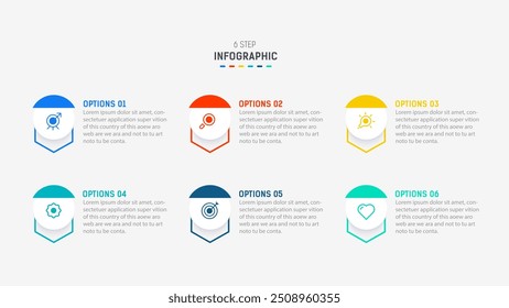 Business  infographics design for Six Step, option, parts or process. Infographic 6 element design template for presentation.  process diagram, step banner, flow chart, 6 option template.