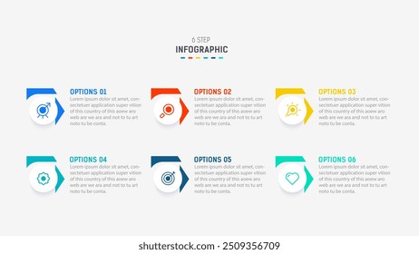 Business  infographics design for Six Step, option, parts or process. Infographic 6 element design template for presentation.  process diagram, step banner, flow chart, 6 option template.