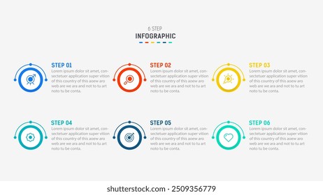 Design de infográficos de negócios para Six Step, opção, peças ou processo. Infográfico 6 modelo de design de elemento para apresentação. diagrama de processo, faixa de etapa, fluxograma, modelo de opção 6.