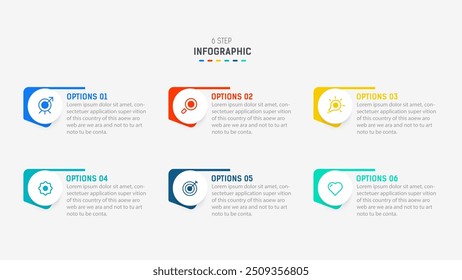 Diseño de infografías de negocios para Six Step, opción, partes o proceso. Infografía Plantilla de diseño de 6 elementos para presentación. diagrama de proceso, Anuncio de pasos, diagrama de flujo, Plantilla de 6 opciones.