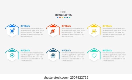 Business  infographics design for Six Step, option, parts or process. Infographic 6 element design template for presentation.  process diagram, step banner, flow chart, 6 option template.