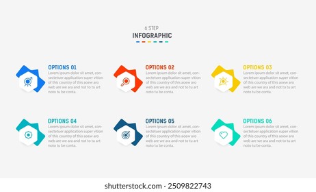 Business  infographics design for Six Step, option, parts or process. Infographic 6 element design template for presentation.  process diagram, step banner, flow chart, 6 option template.