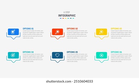 Diseño de infografías de negocios para Six Step, opción, partes o proceso. Infografía Plantilla de diseño de 6 elementos para presentación. diagrama de proceso, Anuncio de pasos, diagrama de flujo, Plantilla de 6 opciones.