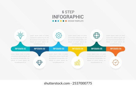 Business-Infografik-Design für Six Step, Option, Teile oder Prozess. Infografik 6 Element Design-Vorlage für die Präsentation. Prozessdiagramm, Schrittbanner, Flussdiagramm, 6 Optionsvorlage.
