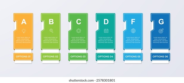 Business infographics design for Six Step, option, parts or process. Infographic 6 element design template for presentation. process diagram, step banner, flow chart, 6 option template