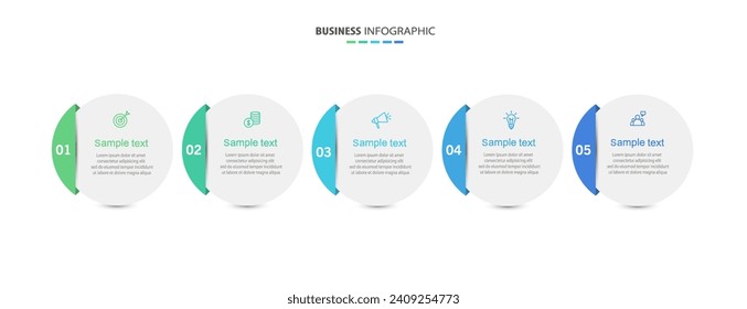 Plantilla de diseño de infografías empresariales con 5 opciones y número, pasos o procesos. Visualización de datos. Ilustración del vector