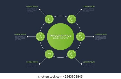 Business infographics design template with icons and 6 options or steps. Green vector design.