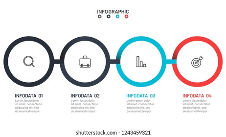 Business Infographics design template and marketing icons. Timeline with 4 steps, options, circles. Vector illustration.