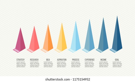Business infographics, diagram with 8 options, pyramids, steps. Vector template.