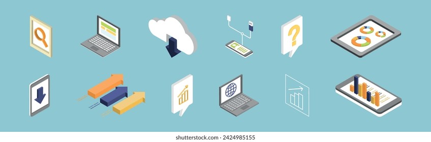 Business Infographics Element Design with Chart, Cloud Storage and Electronic Device Isometric Vector Set