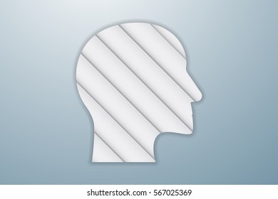 Business infographics element in shape of human head with five main sections. Folded paper with shadows in shape of head icon on blue gradient background with dropped shadow.