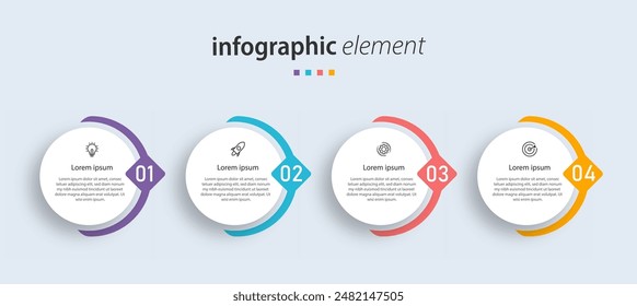 Vorlage des Geschäftsinfographieelements. Zeitachse mit 4 Schritten, Optionen. Kann für Workflowdiagramm, Infodiagramm, Webdesign. Vektorillustration verwendet werden.	