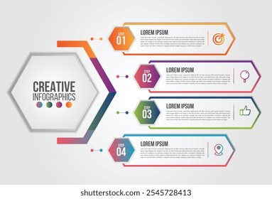 Elemento de infográfico de negócios.Modelo de gráfico hexágono Gráfico com 4 etapas ou opções para apresentações, gráfico, diagrama, opções, partes, processos, fase e treinamento.