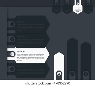 Business Infographics elements, 1, 2, 3, 4 steps, timeline, growth arrows in black, gray and white