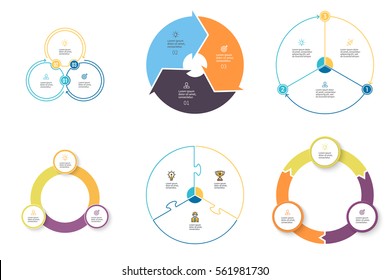 Business Infographics. Elements With 3 Steps, Arrows, Sections. Vector Pie Charts.