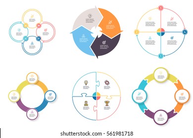 Business infographics. Elements with 4 steps, arrows, sections. Vector pie charts.