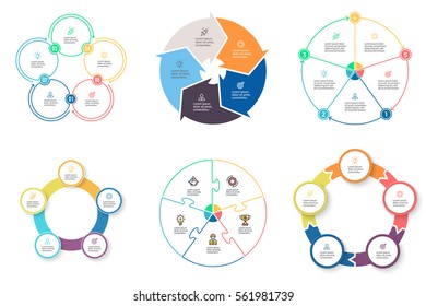 Business Infographics. Elements With 5 Steps, Arrows, Sections. Vector Pie Charts.