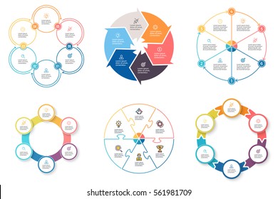 Business infographics. Elements with 6 steps, arrows, sections. Vector pie charts.