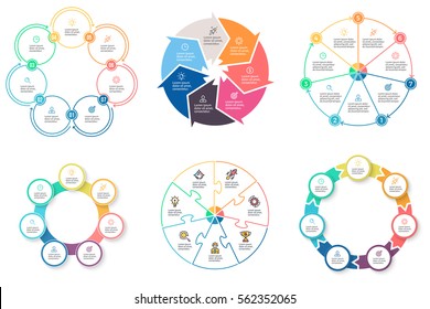 infografías de negocios. Elementos con 7 pasos, flechas, secciones. Gráficos circulares vectoriales.