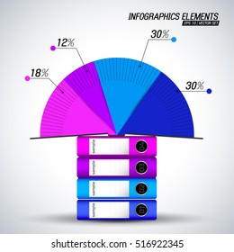 Business infographics elements with colorful diagram on four cardboard document folders flat vector illustration