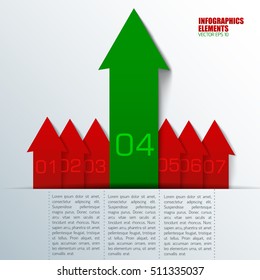Business infographics elements with green and red vertical arrows and text field at bottom on white background flat vector illustration
