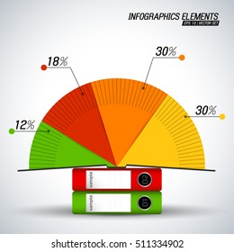 Business infographics elements set with bright diagram presenting percentage statistics and document folders flat vector illustration
