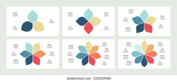 Business infographics. Flower pie charts with 3, 4, 5, 6, 7, 8 steps, options, petals. Vector diagram.