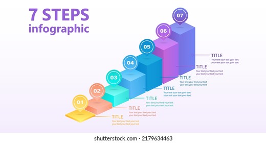 Business infographics in the form of a ladder of seven parallelepipeds. 7-step diagram. 3 D. Vector illustration.