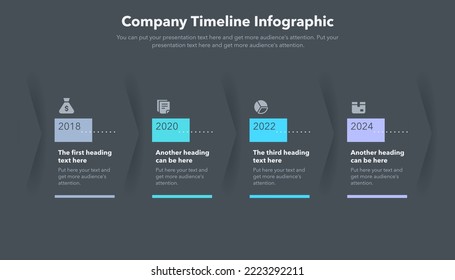 infografías de negocios con cuatro pasos para hitos de la empresa - versión oscura. Diseño gráfico plano con iconos minimalistas.