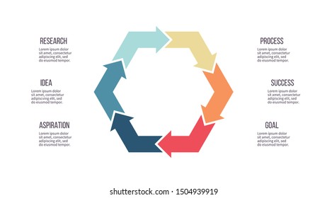Business infographics. Hexagon chart  with 6 steps, options, arrows. Vector diagram.