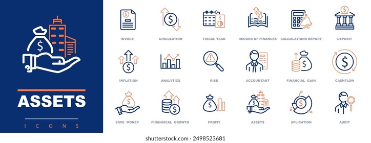 Iconos de infografía de negocios. Elementos. SEO, firma, año. Conjunto de iconos de inversión, análisis. Economía, fondo monetario, dólar, inversor, activos, gestión de riesgos, beneficio financiero, acciones, Ilustración vectorial