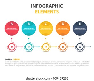 Business infographics with icons and letters. Timeline with 5 steps, circles, rings. Vector linear infographic element. EPS10