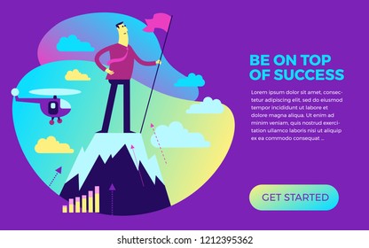 Business infographics with illustrations of business situations. businessman stands on top of success mountain with flag. Top manager, leader achieved the goal. Vector illustration flat design.