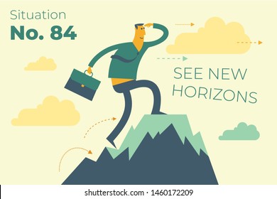 Business infographics with illustrations of business situations. businessman stands on top of success mountain with flag. Top manager, leader achieved the goal. Vector illustration flat design.