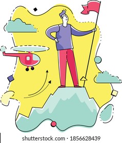 Business infographics with illustrations of business situations. Businessman stands on top of success mountain with flag. Top manager, leader achieved the goal. Vector illustration flat design.