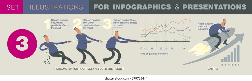 Business infographics with illustrations of business situations, investment projects. Elements of visualization of work on project, diagrams and graphs. Abstract template for presentation, website.