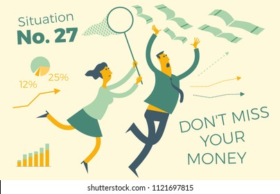 Business infographics with illustrations of business situations. Man and woman catching money with a hand and a butterfly net. Don't lose your money. Lost profits, opportunities.  To catch a profit.