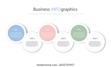 Business infographics include steps to solve problem, implement project or develop company. Step-by-step circles with copy space transition from one task to another. Vector graphics