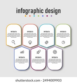 Infografía de negocios o Plantilla de datos de información. línea de tiempo con 7 pasos, opciones. se puede utilizar para diagrama de flujo de trabajo, infograma, Diseño web. Ilustración vectorial.	