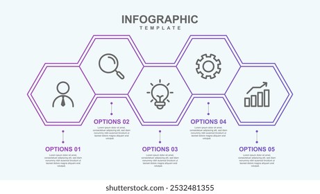 Infográficos de negócios. Infográfico com 5 passos ou opções. Infográfico linear fino com modelo hexágono para apresentação ou site. Cronograma do processo