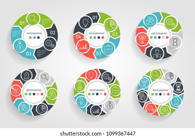 Business infographics. Infographic elements with 3 4 5 6 7 8 steps arrows circles. Vector pie charts