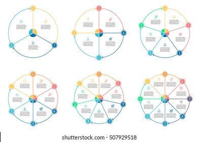 Business infographics. Infographic elements with 3, 4, 5, 6, 7, 8 steps, options, sections. Vector pie charts.