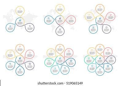 Business infographics. Infographic elements with 3, 4, 5, 6, 7, 8 steps, options, circles. Vector outline pie charts.